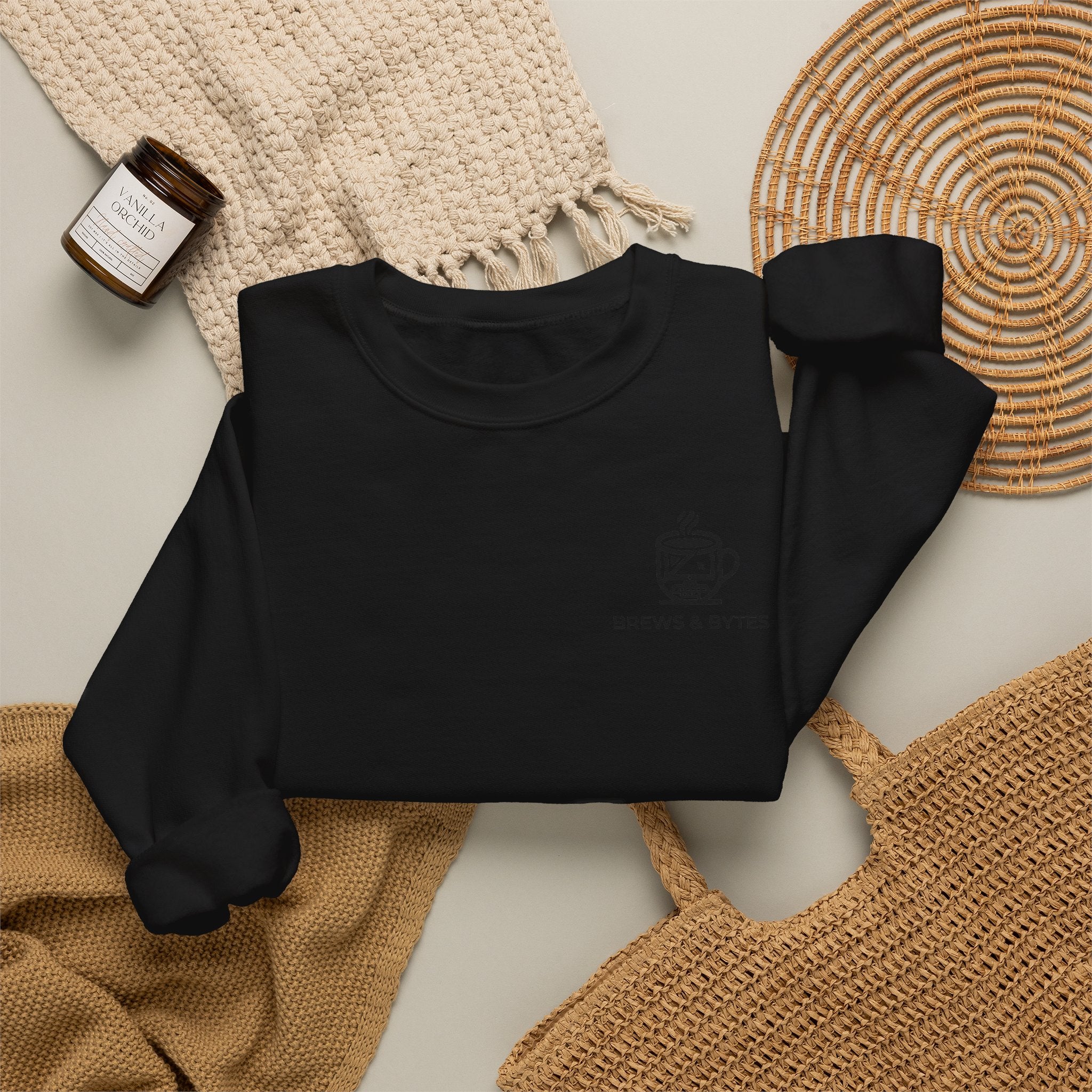 Coffee & Cats Crewneck Sweatshirt — Brew & Purr Minimal Chest Logo