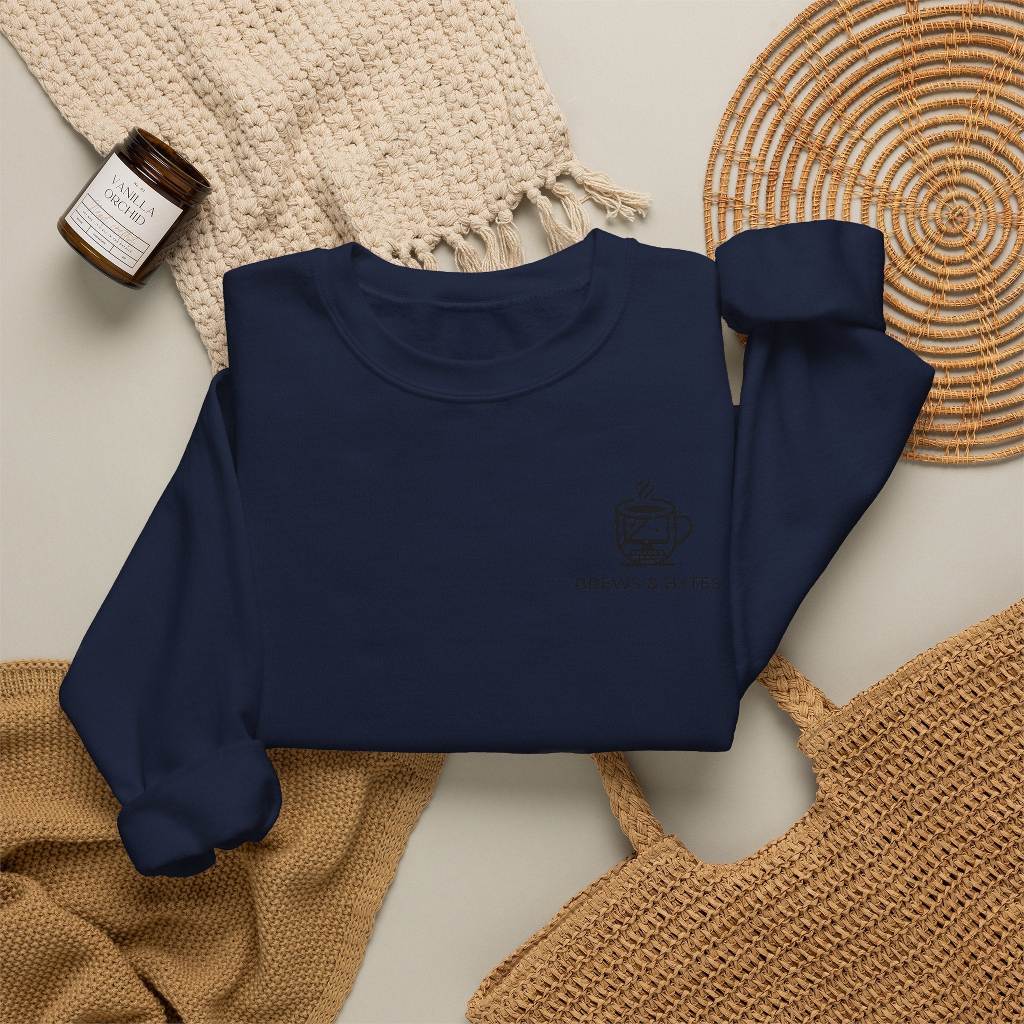 Coffee & Cats Crewneck Sweatshirt — Brew & Purr Minimal Chest Logo