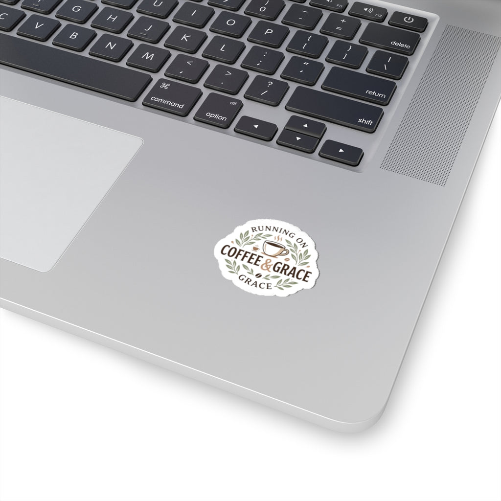 Coffee & Grace Kiss-Cut Sticker — 'Running on Coffee & Grace' Decorative Laptop Decal