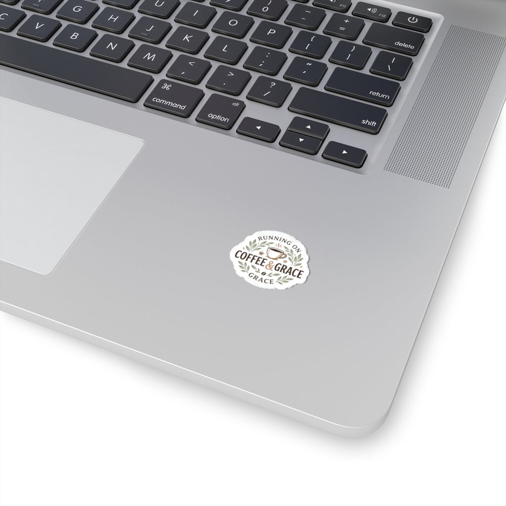 Coffee & Grace Kiss-Cut Sticker — 'Running on Coffee & Grace' Decorative Laptop Decal