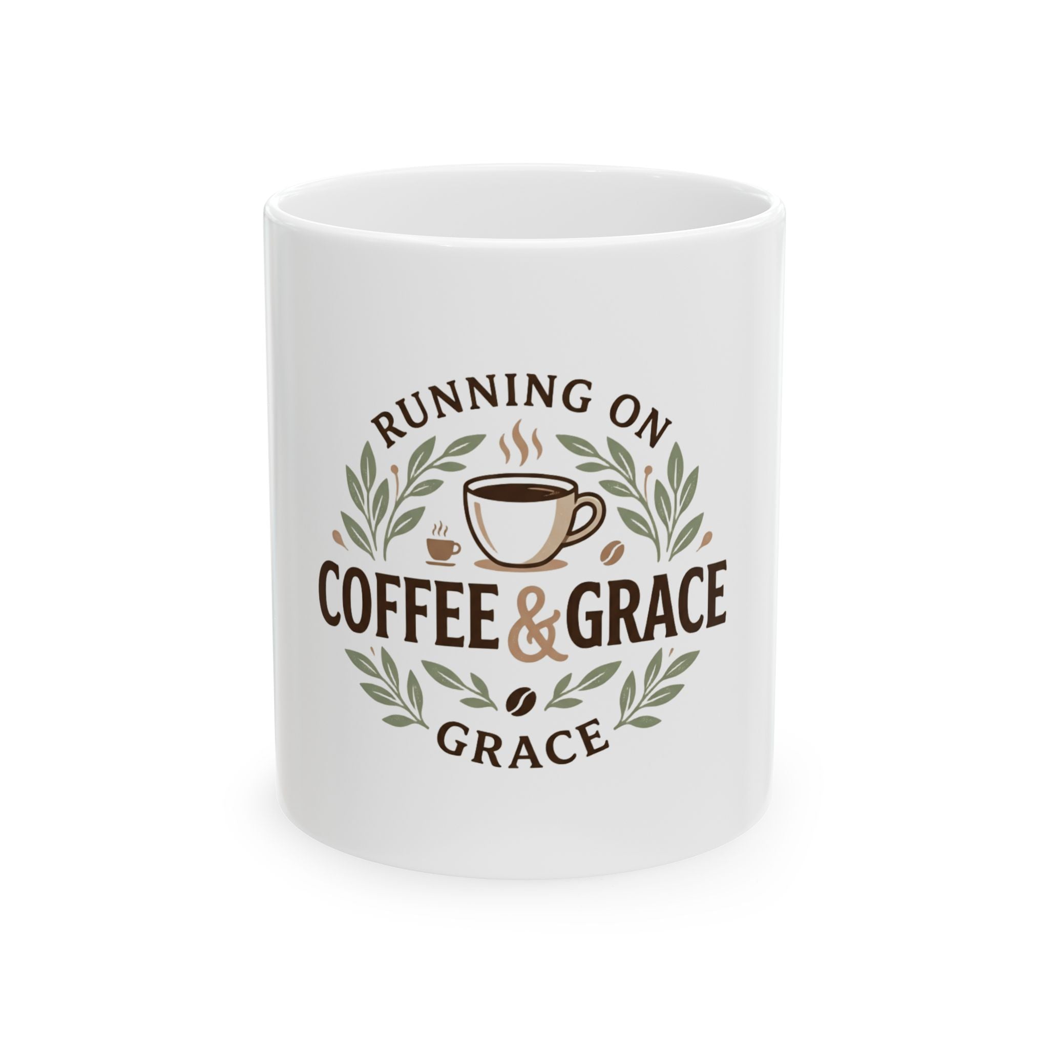 Coffee & Grace Ceramic Mug — "Running on Coffee & Grace" 11oz/15oz