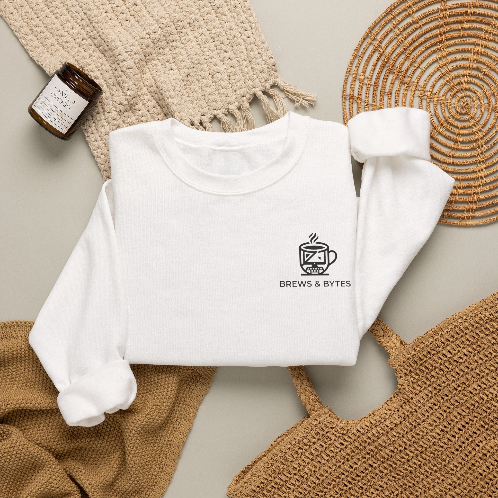 Coffee & Cats Crewneck Sweatshirt — Brew & Purr Minimal Chest Logo