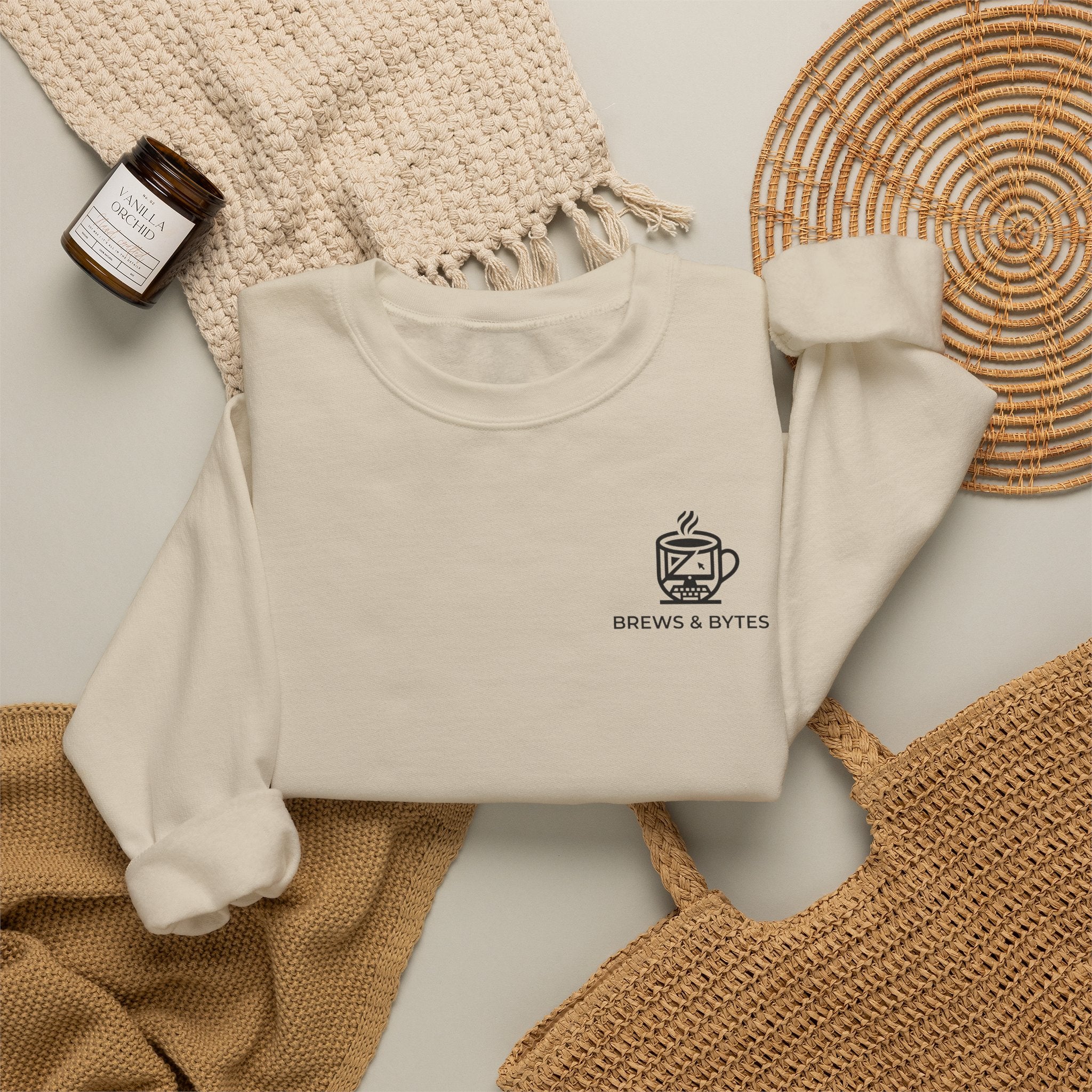 Coffee & Cats Crewneck Sweatshirt — Brew & Purr Minimal Chest Logo